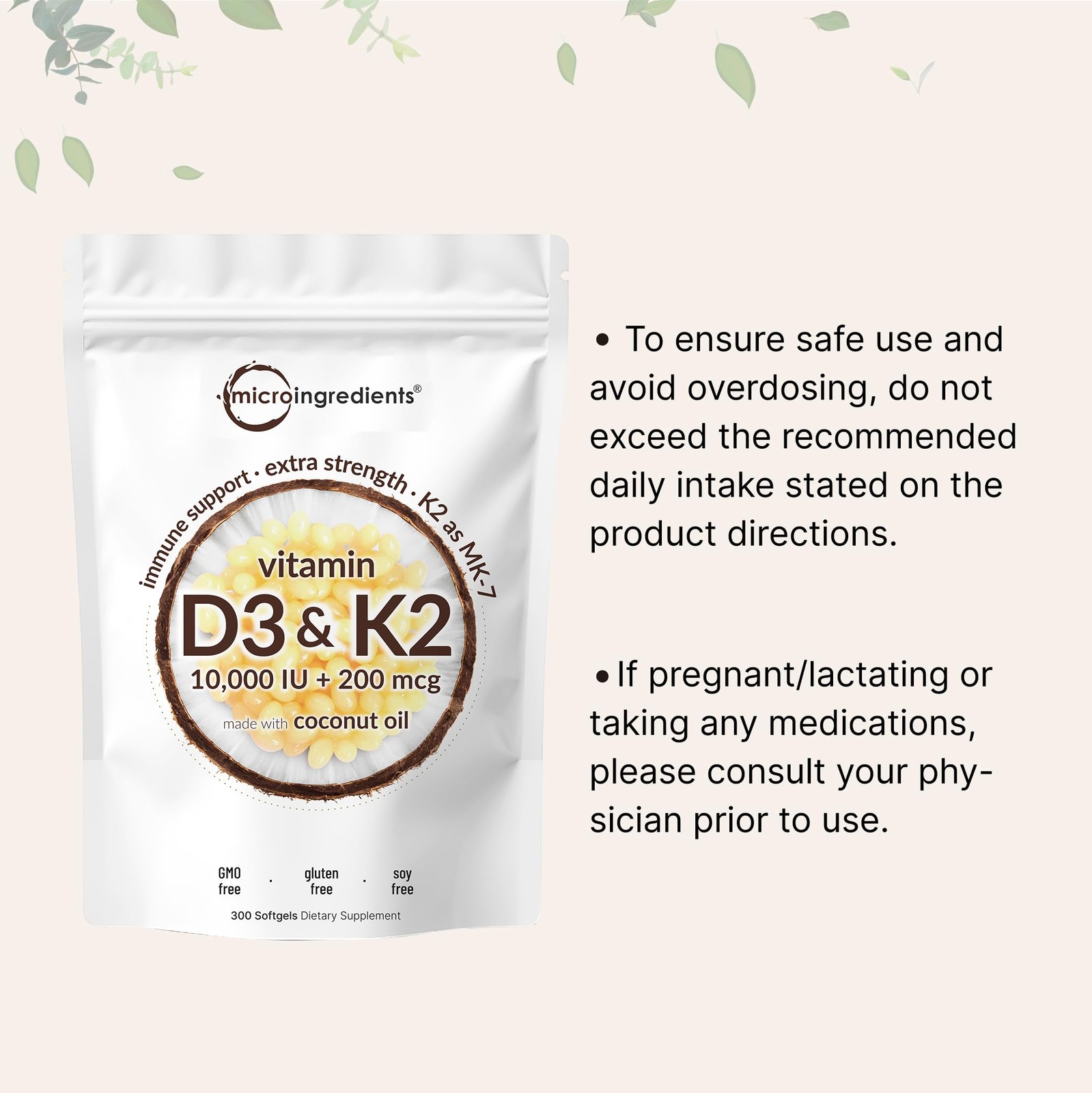 Micro Ingredients Vitamin D3 10,000 IU + K2 MK-7 200 300 Count (Pack of 1)