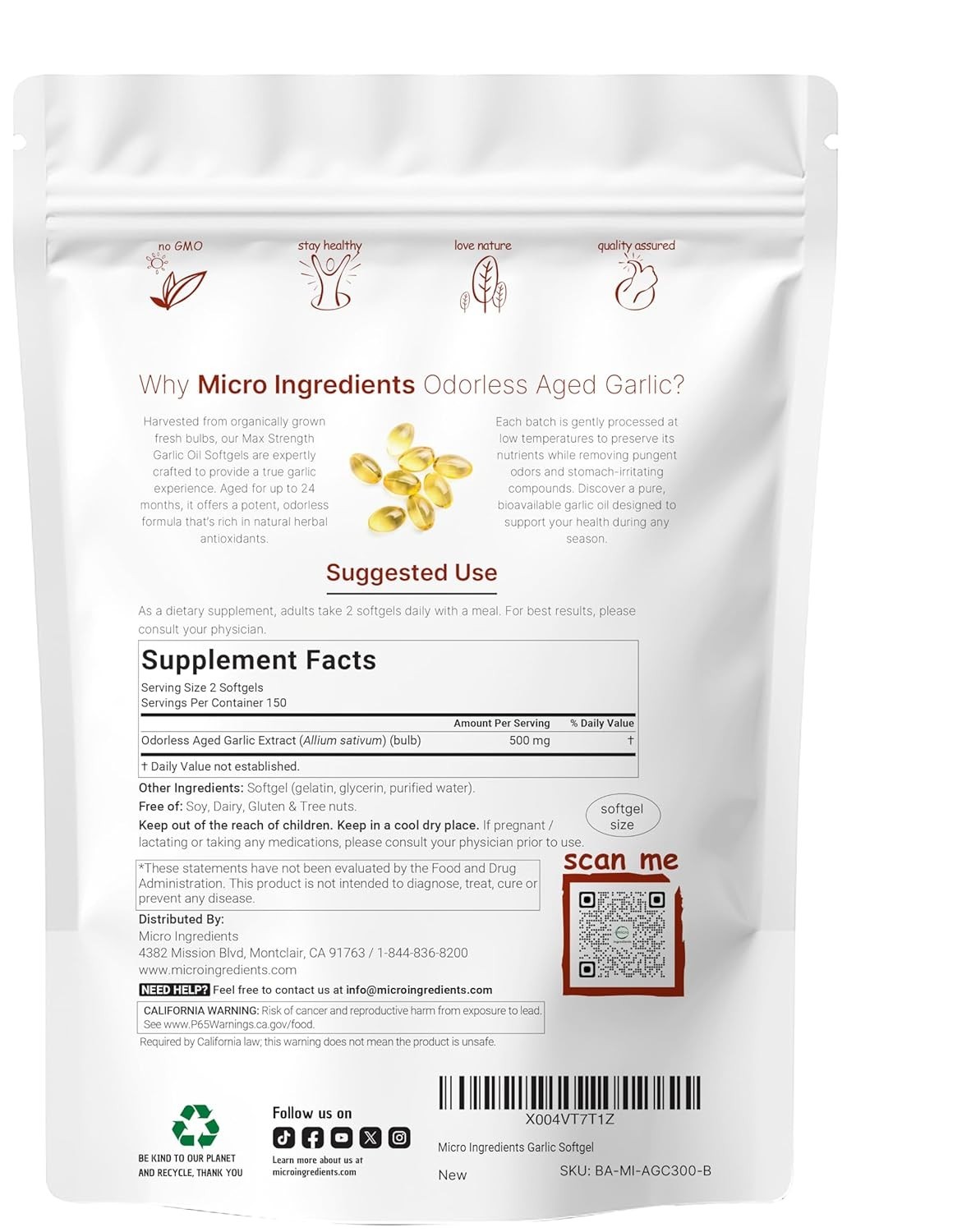 Odorless Garlic 7500mg Per Servings, 300 Softgels | 2 Years Aged Garlic Extra…