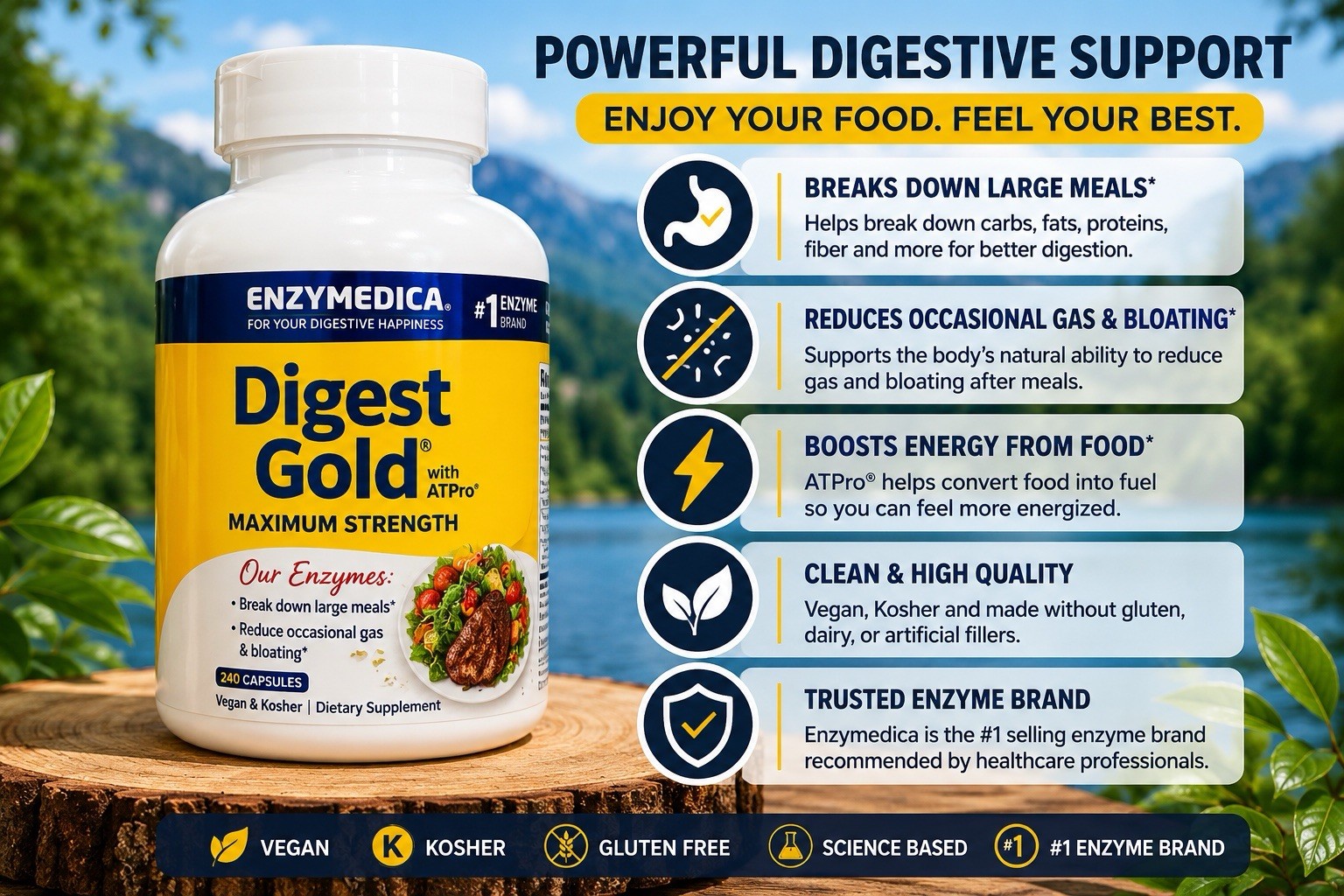 Enzymedica, Digest Gold + ATPro, Maximum Strength 240 Count, Light Beige