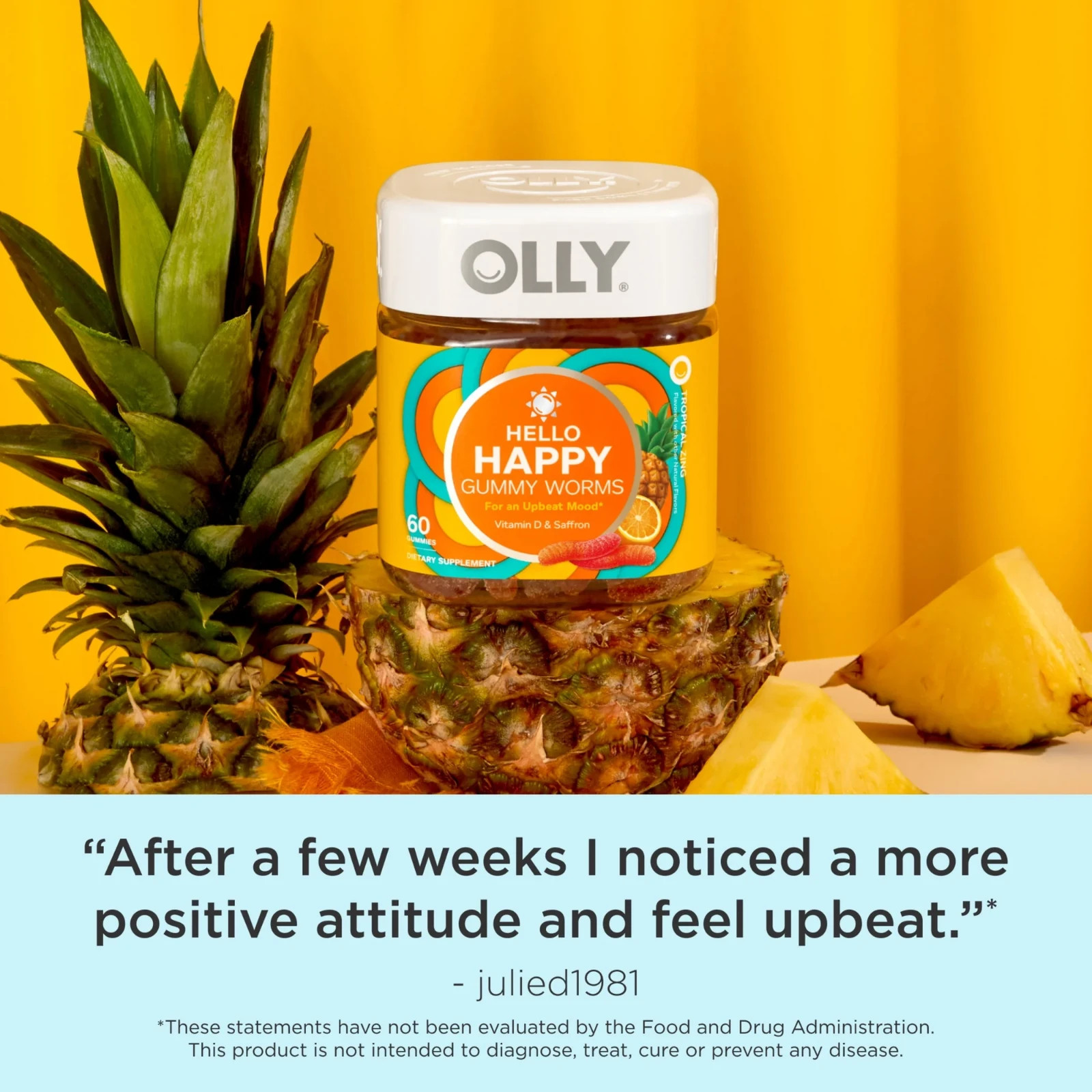 OLLY Hello Happy Gummy Worms, Mood Support, Vitamin D, Saffron, 60 Count