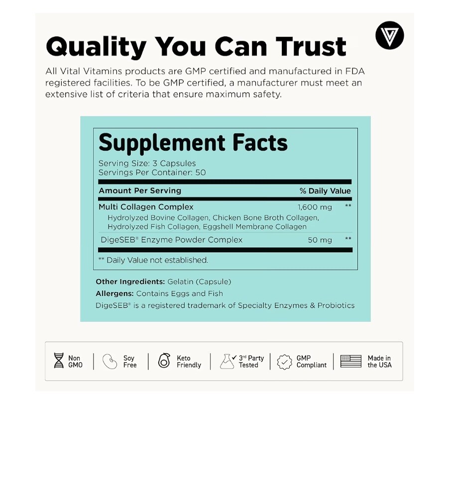 Vital Vitamins Multi Collagen Complex 150 Capsules Types I II III V X Supplement