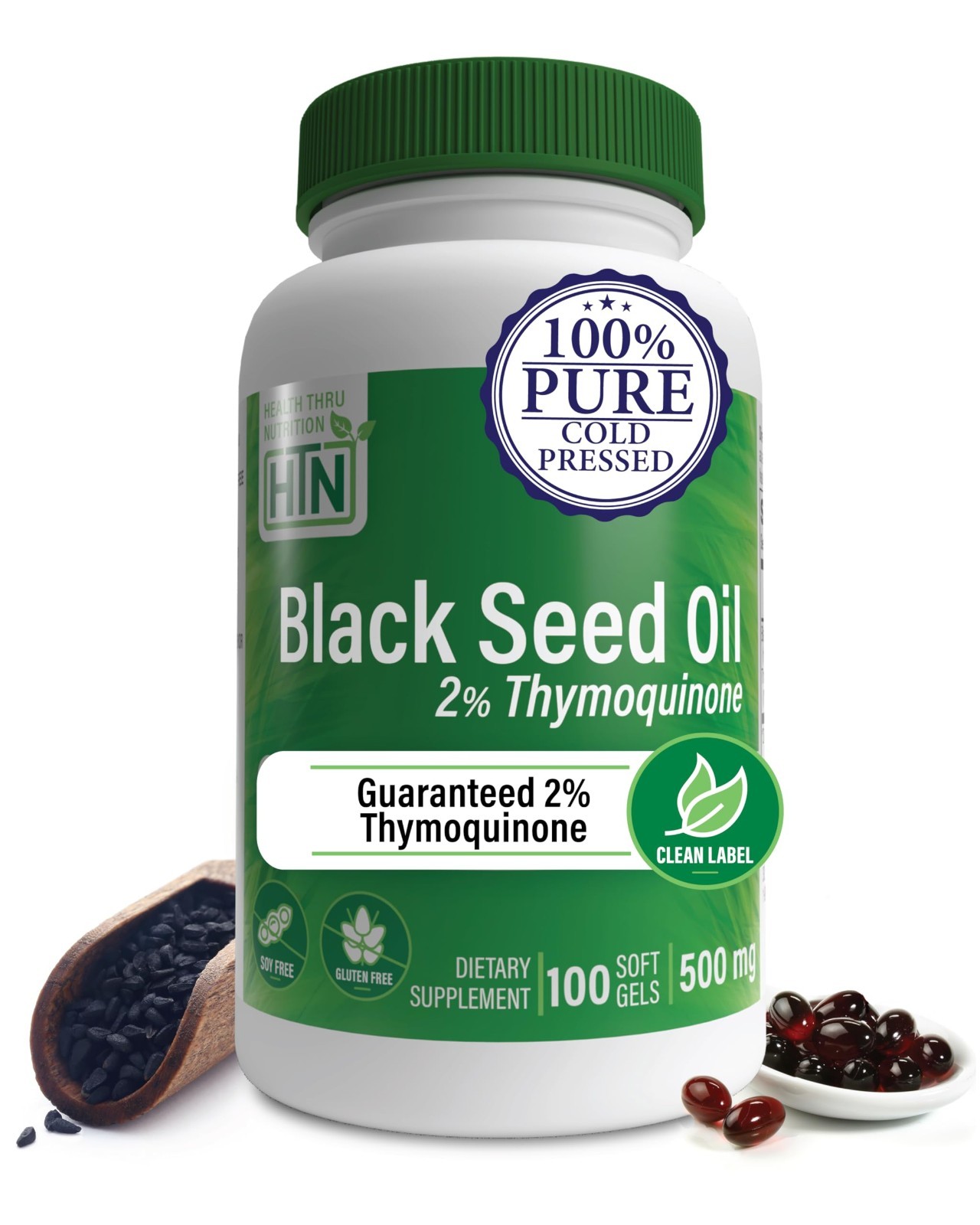 High Potency Black Seed Oil 500mg – 100 Softgels, 2% Thymoquinone, Non-GMO, Glut