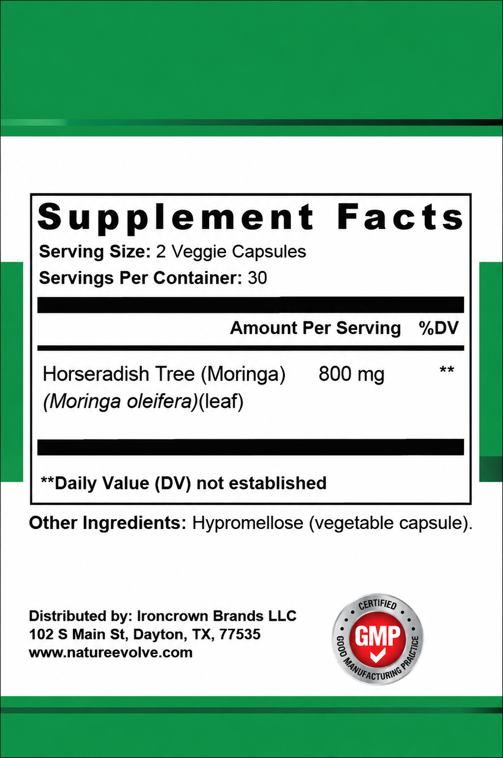 Nature Evolve Pure Moringa 800mg | 60 Veggie Capsules | GMO Free | Gluten Free