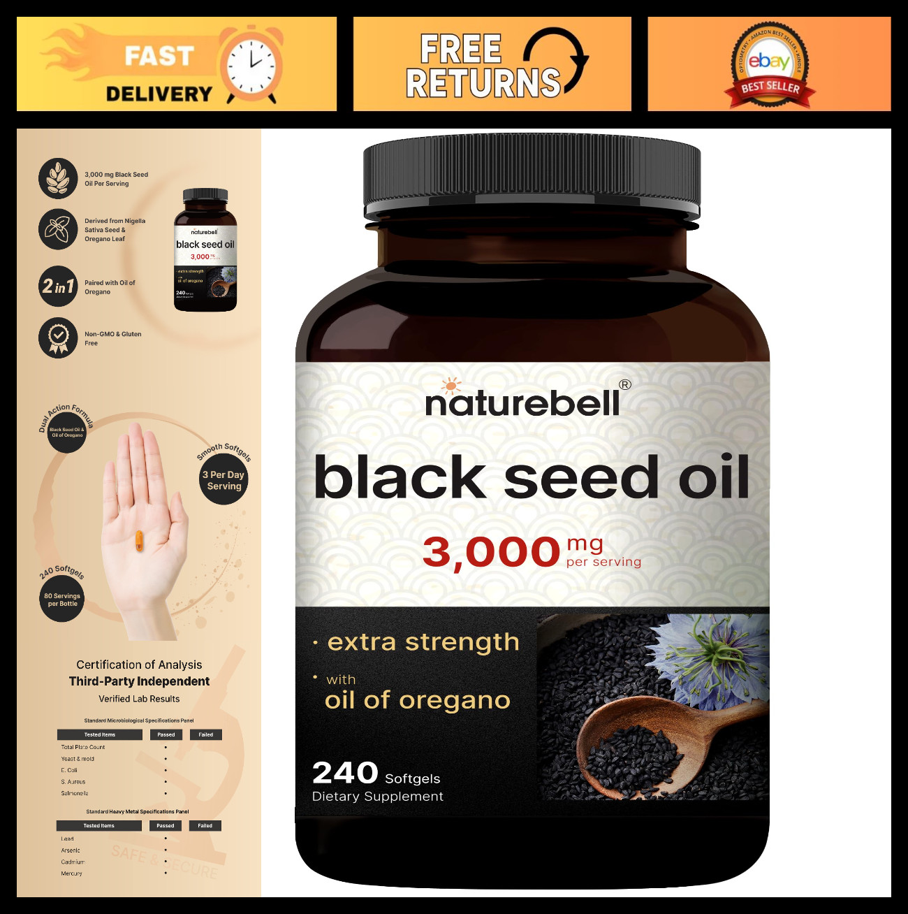 Black Seed Oil 3000mg Softgels – 240 Count, 2-in-1 with Oregano Oil, Non-GMO