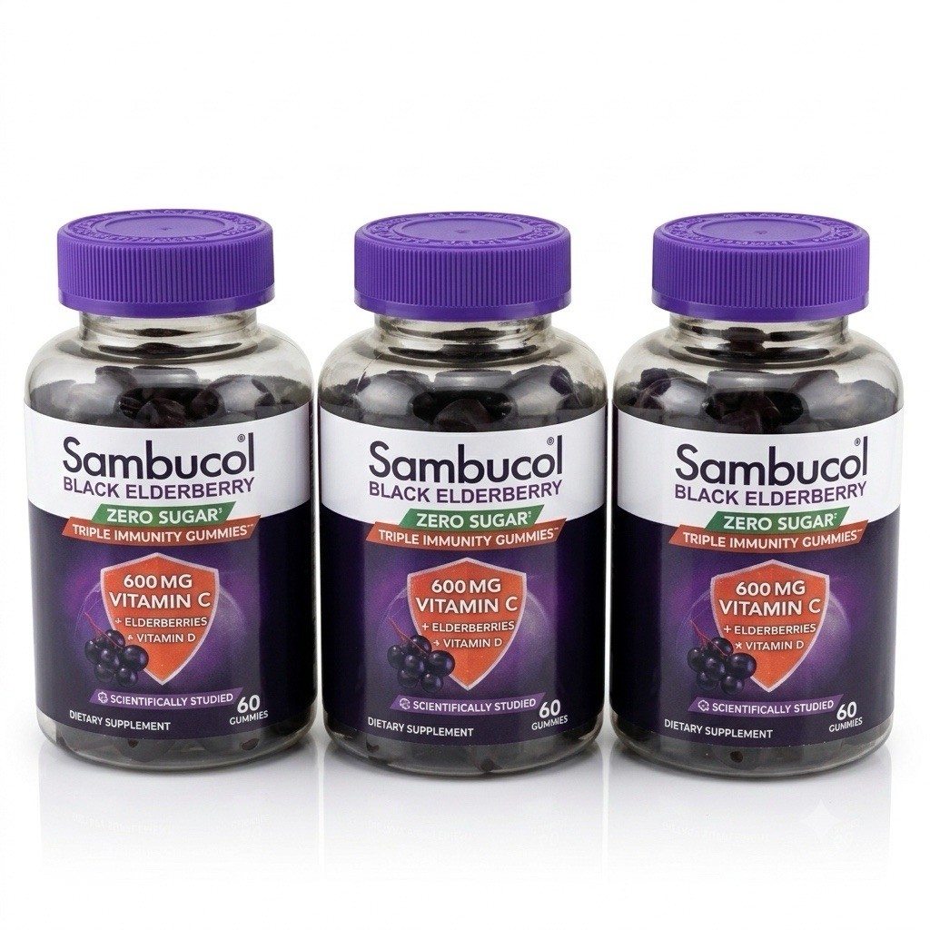 3x Sambucol Black Elderberry Zero Sugar 600mg Vitamin C Immunity 60ct 180 Total