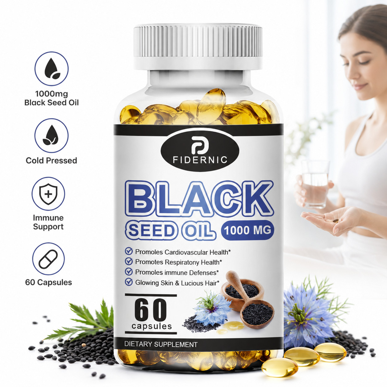FIDERNIC Black Seed Oil 1000mg 60 Capsules Supplement