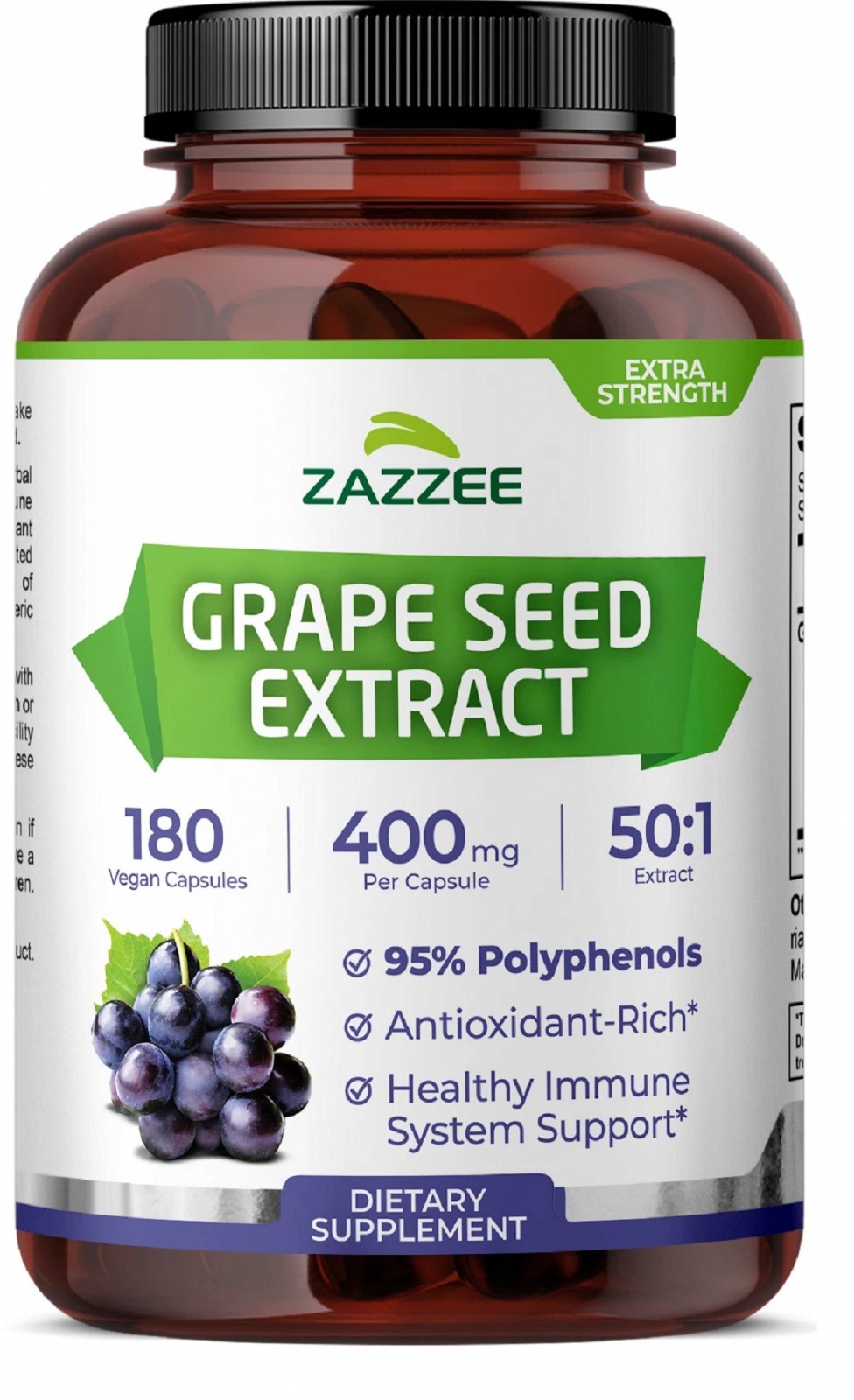 Zazzee Grape Seed Extract 180 Veggie Capsules 400 mg 95% Polyphenols Antioxidant
