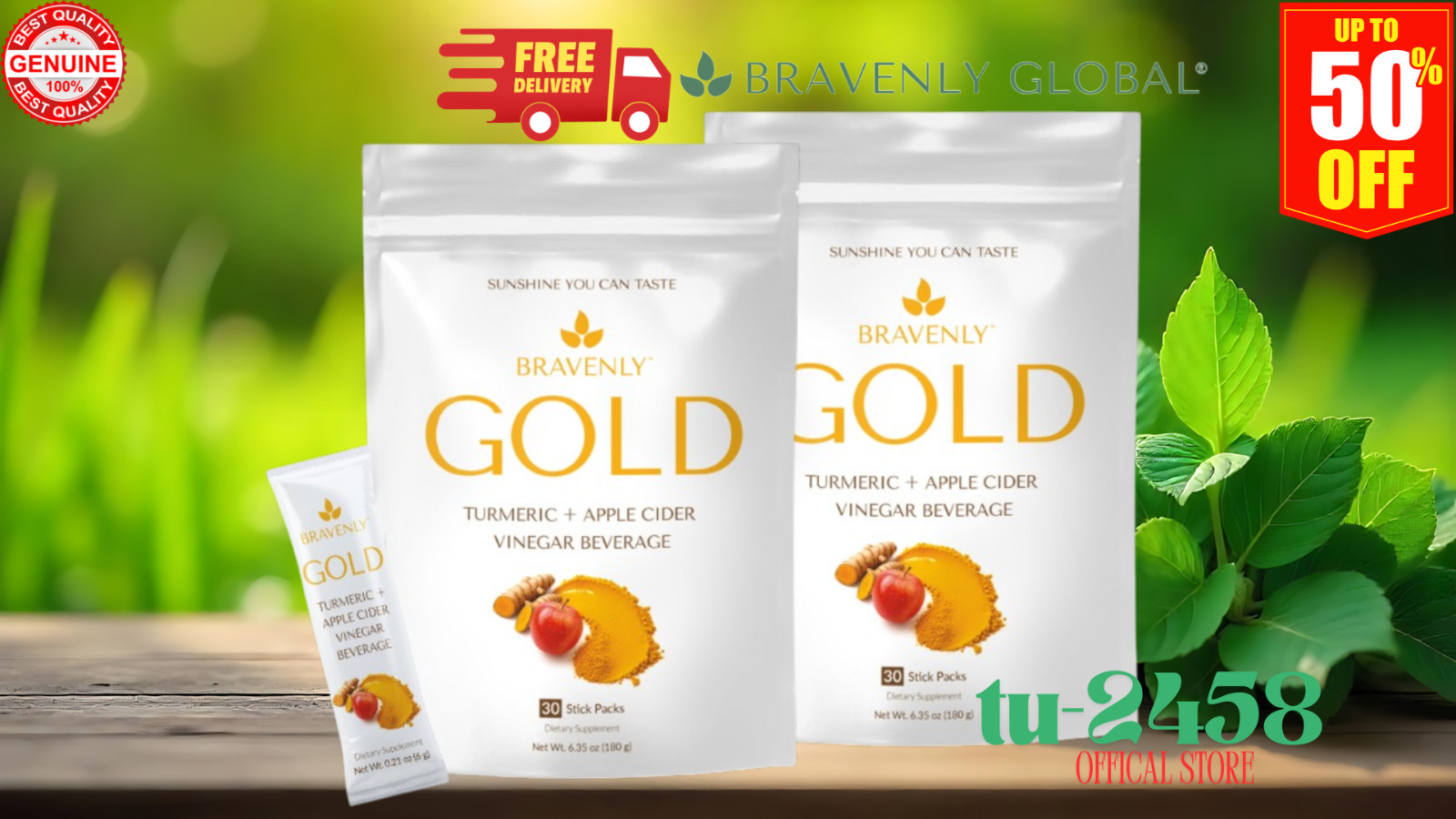 NEW 2X BRAVENLY GOLD Turmeric Apple Cider Vinegar Beverage 30(x2) Stick Packs