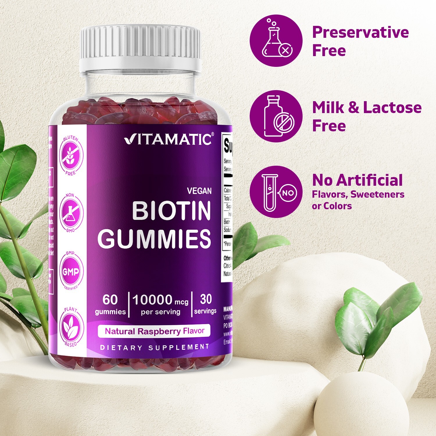3 Pack Vitamatic Biotin Gummies 10000 mcg for Stronger Hair Skin Nails 60 Vegan