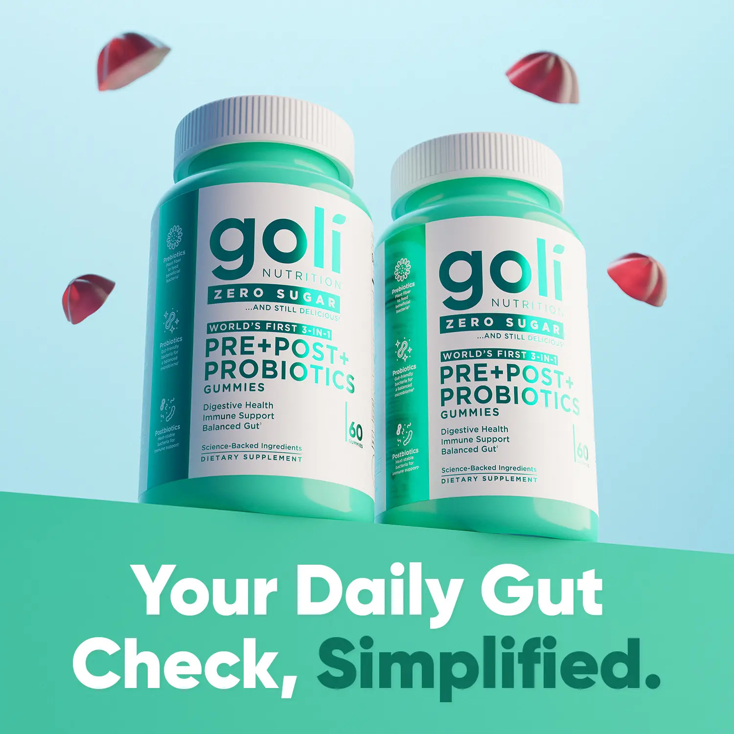 3 Bottles Sugar-Free Vegan Pre Pro Postbiotic Gummies Gluten Free 60 Count
