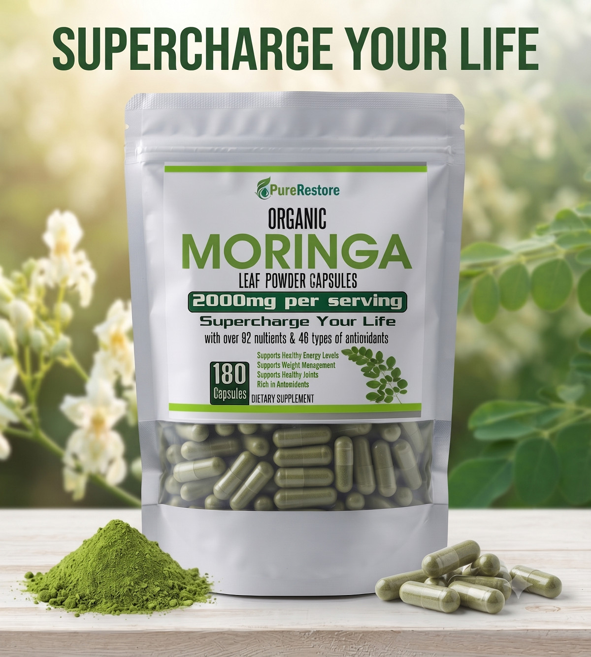 Organic Moringa Oleifera Capsules 2000mg, 60, 120, 180 Capsules
