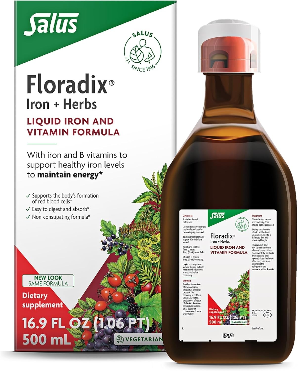 Floradix Iron & Herbs – Liquid Herbal Iron Supplement (16.9 fl oz / 500 ml)