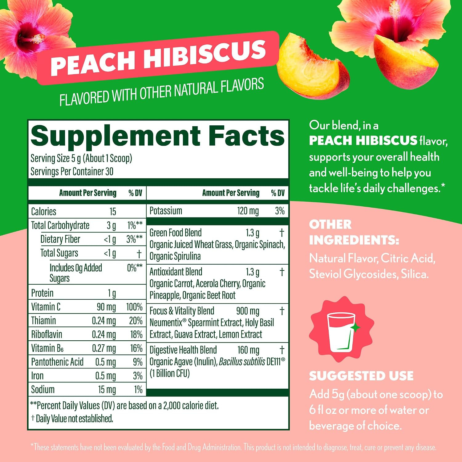Nourishing Peach Hibiscus Greens Powder with Digestive Enzymes – 30 Servings
