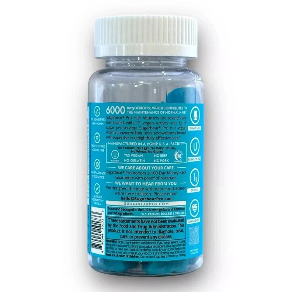 New Sugarbear Pro Hair Vitamins Vegan Gummies 32 ct. Kosher Gluten Free