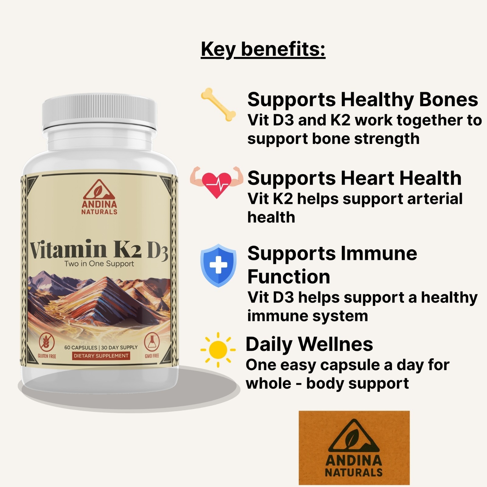 Vitamin K2 + D3 with BioPerine | Bone, Heart & Immune Support | 60 Capsules