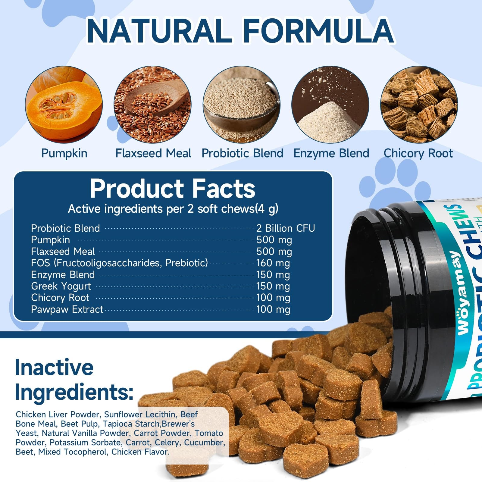 Woyamay Dog Probiotic for Dogs, 200 Soft Treats Probiotics Brown