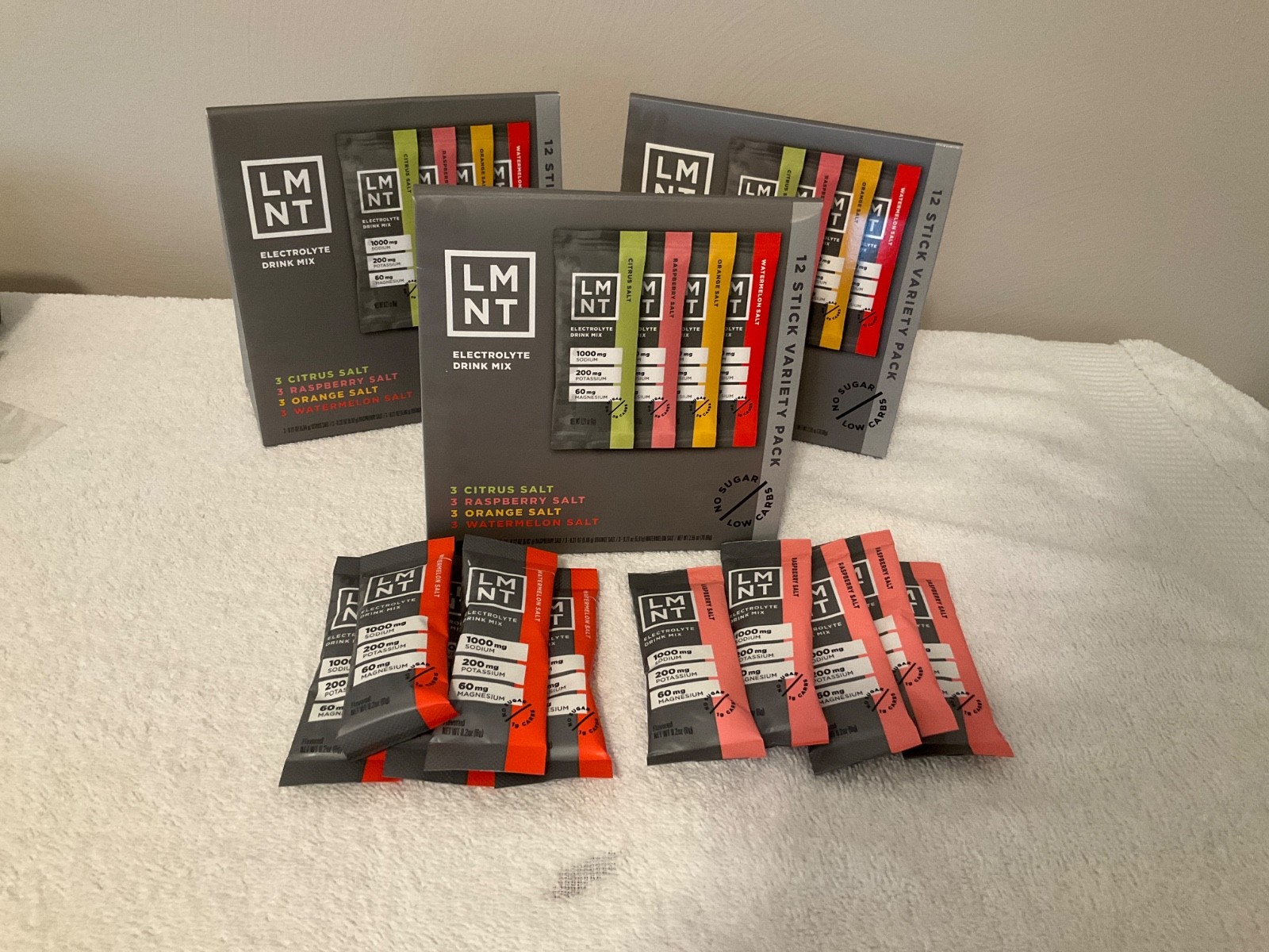 3 boxes of LMNT Electrolyte Drink Mix w/ 12 Variety Packs & 10 Individual Packs