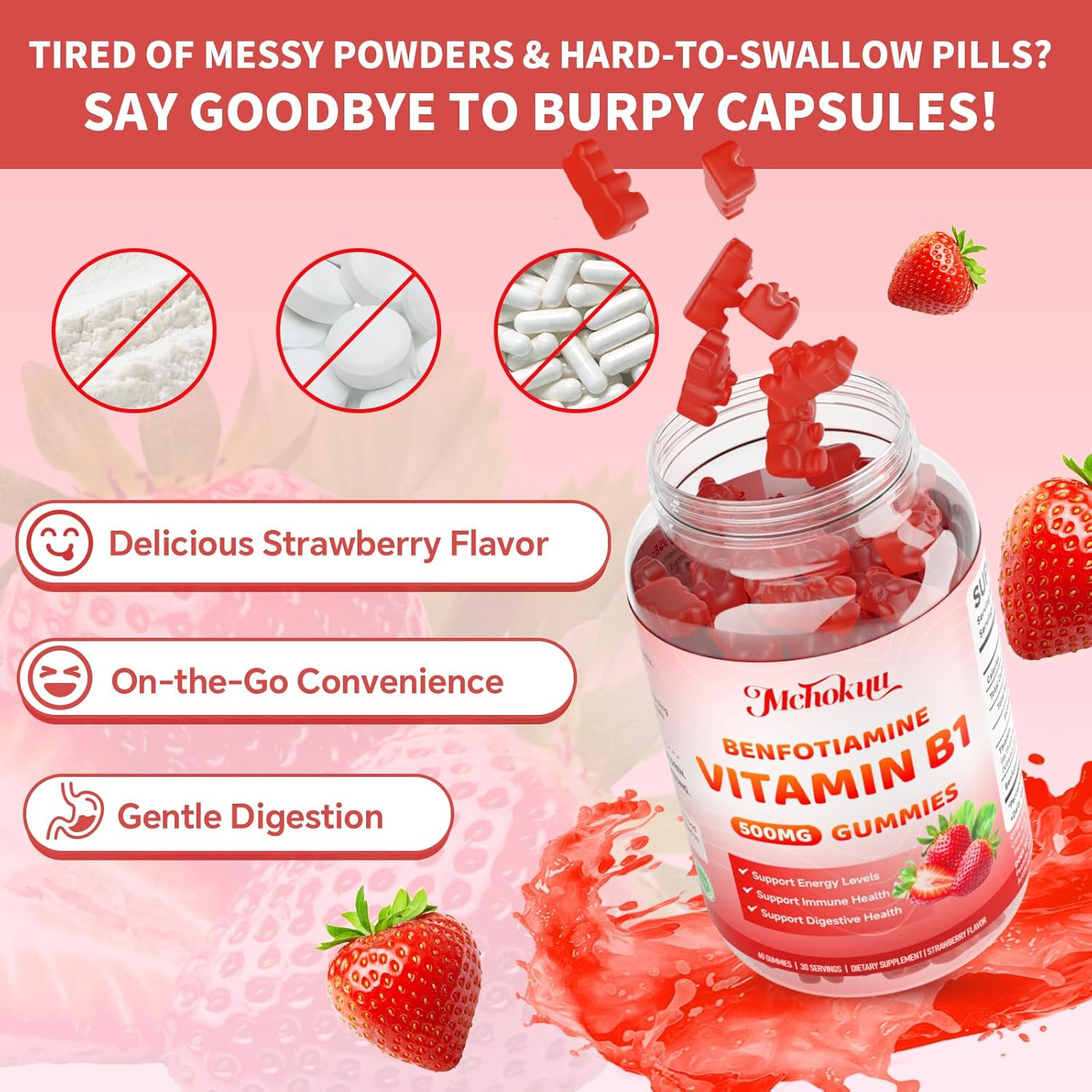 Vitamin B1 Gummies 500Mg with Benfotiamine | High Potency Thiamine Supplement fo