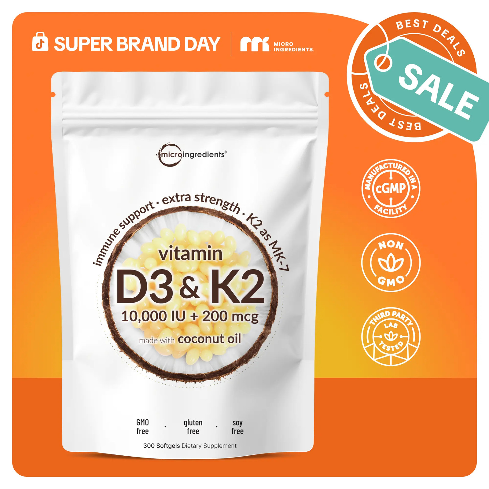 Micro Ingredients Vitamin D3 K2 Softgels Daily Bone Immune Wellness Supplement