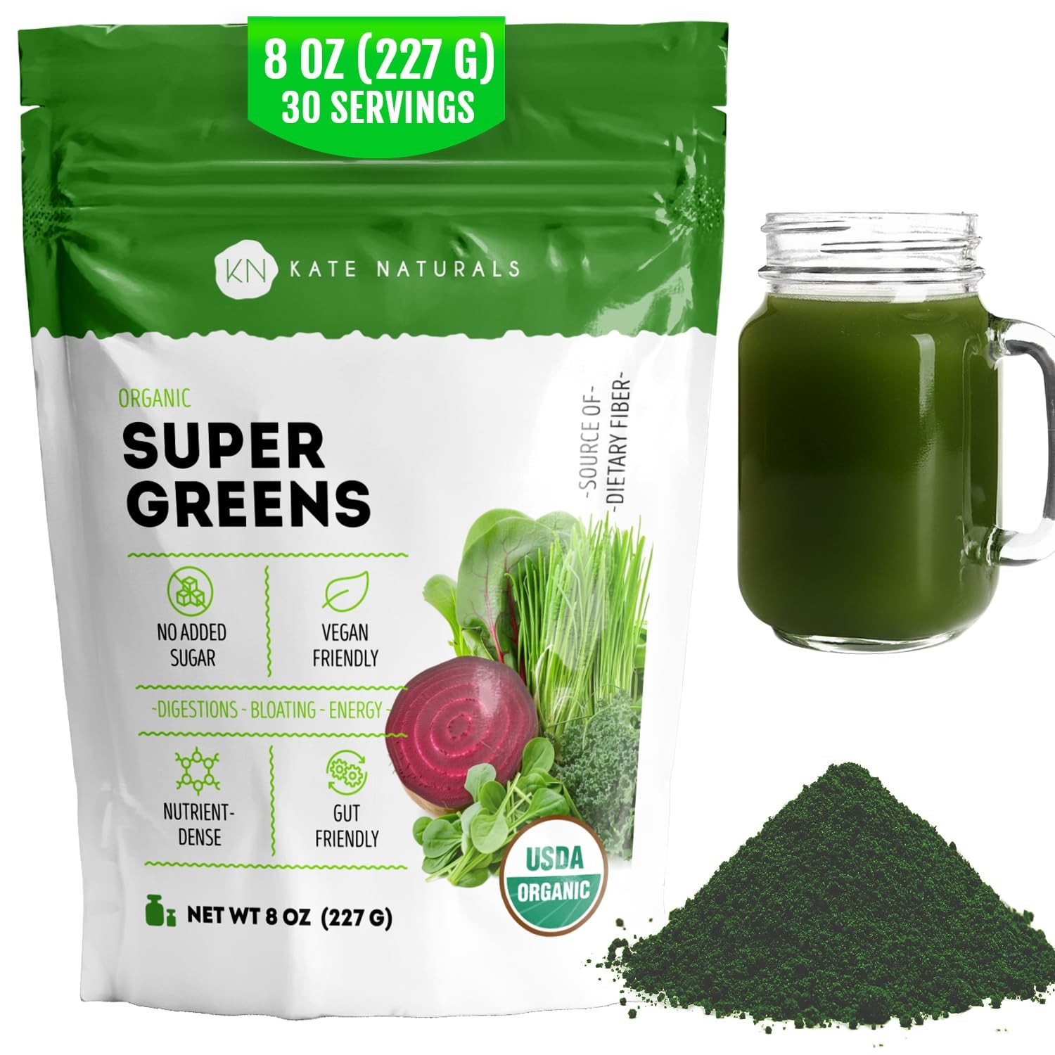 Kate Naturals Organic Super Greens Powder. Daily 8 Ounce (Pack of 1)