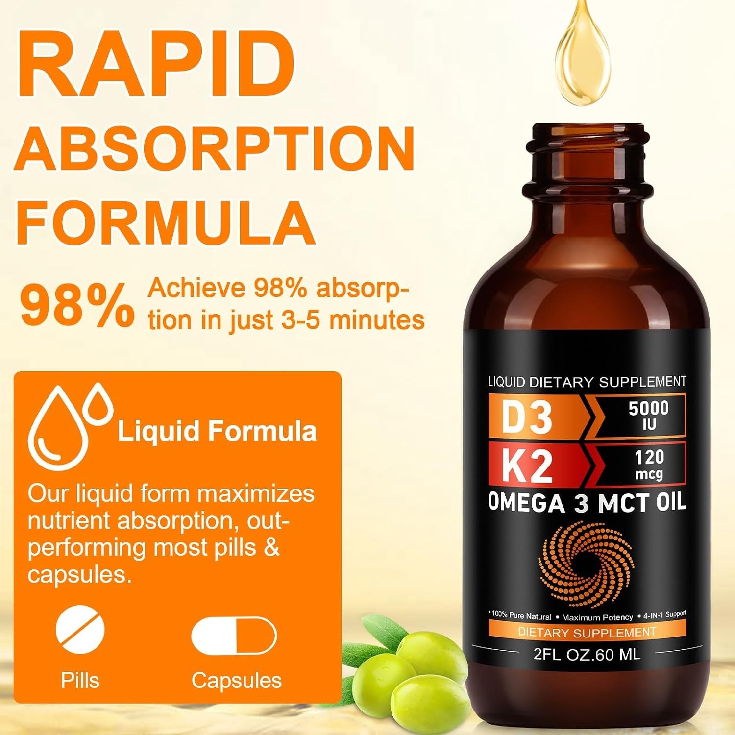 Daiasns Vitamin D3 5000 IU & K2 (MK-7) 120 mcg 60ml Drops with MCT Oil Omega 3,