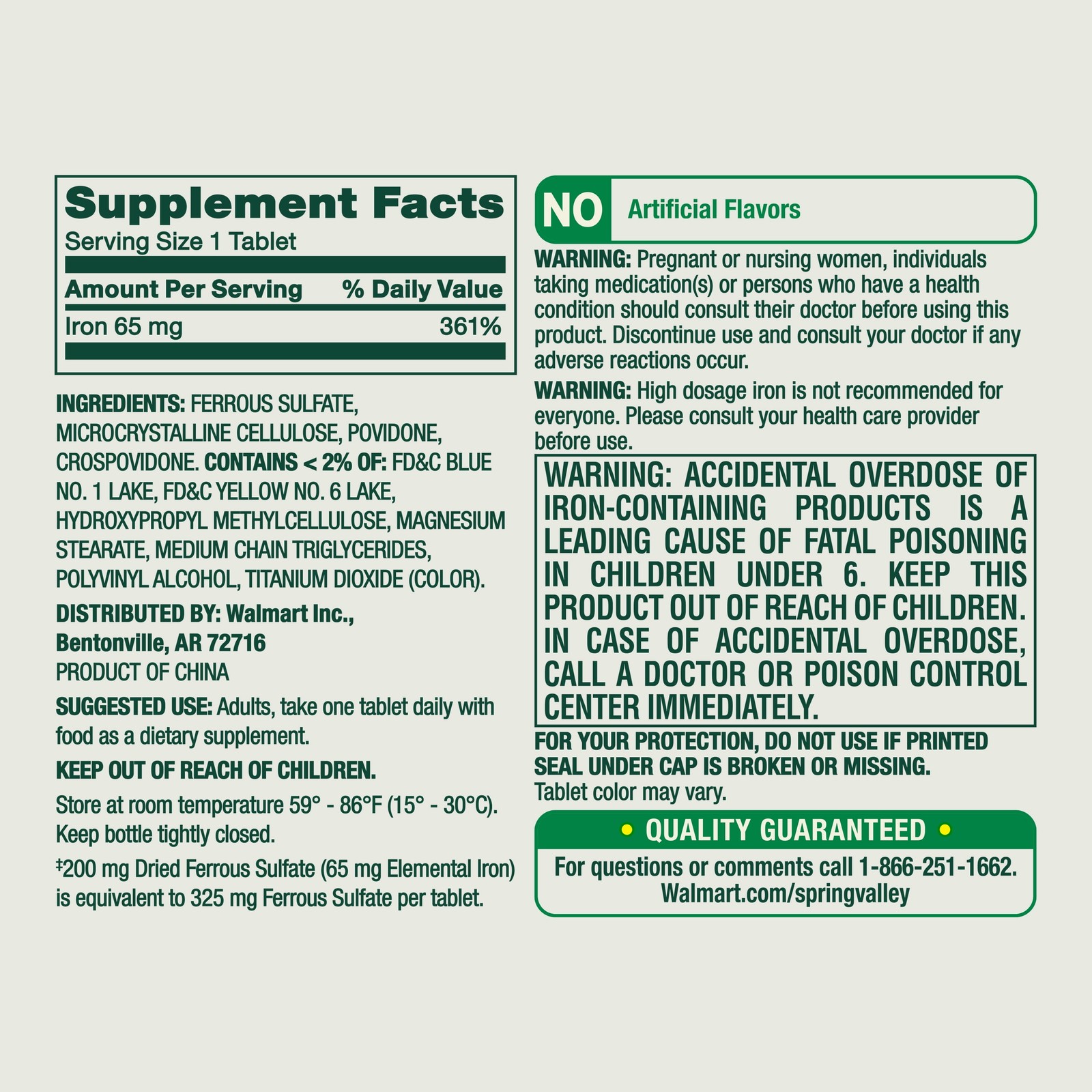 Spring Valley Iron 65 Mg, 200 Ct Total Tablets Pills Tablet Free shipping