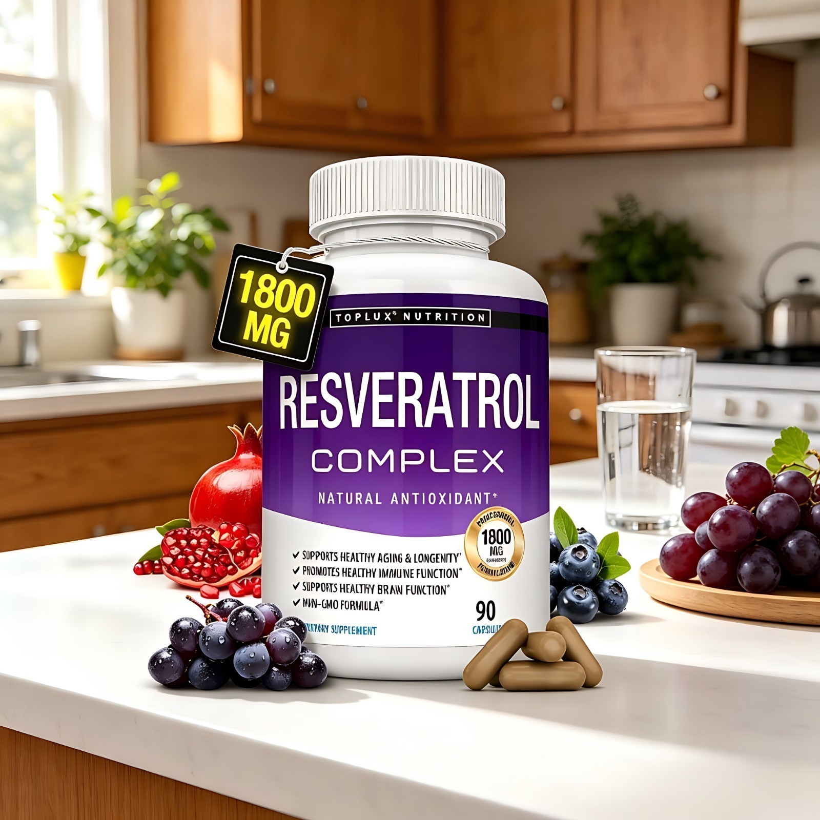 1800mg, 3 Pack Toplux Resveratrol Complex 90 Capsules Antioxidant Supplement NEW