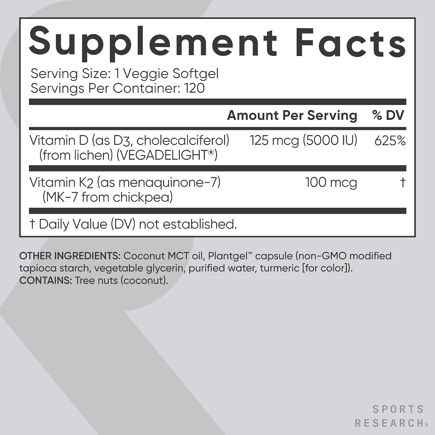 Sports Research Vitamin D3 K2 Plant Based 5000iu 120ct