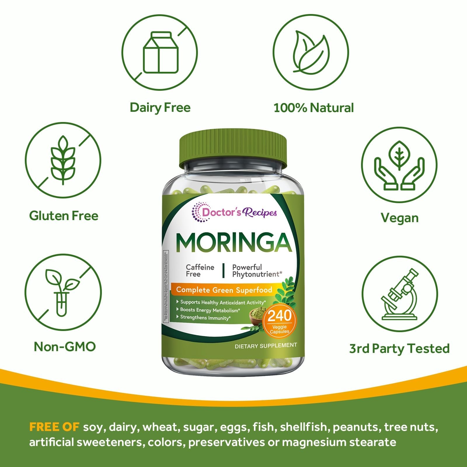 Moringa Superfood Capsules – Natural Antioxidant, Non-GMO, Vegan, 240 Count