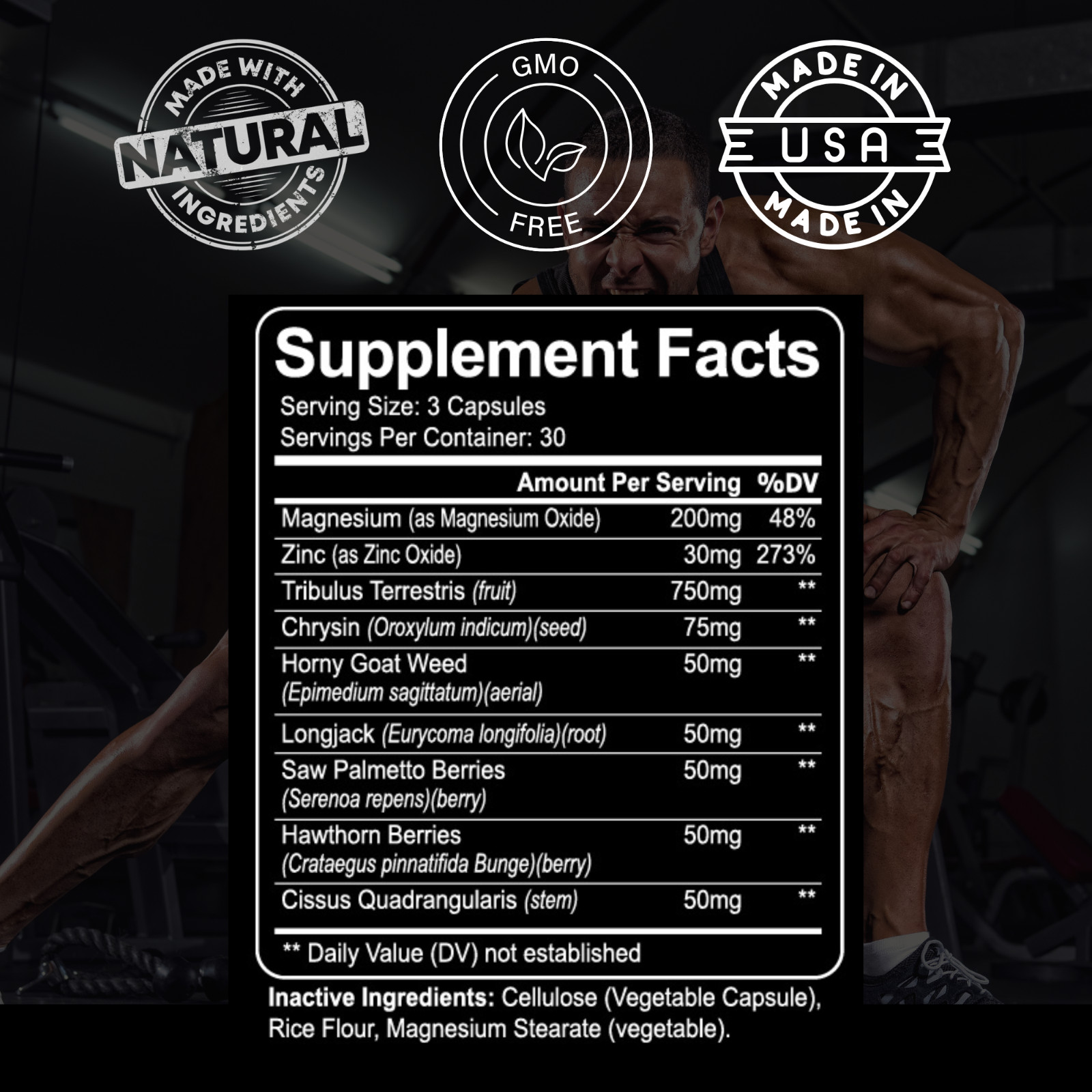 Natural Testosterone Booster 90ct Magnesium Zinc Tribulus Horny Goat Weed