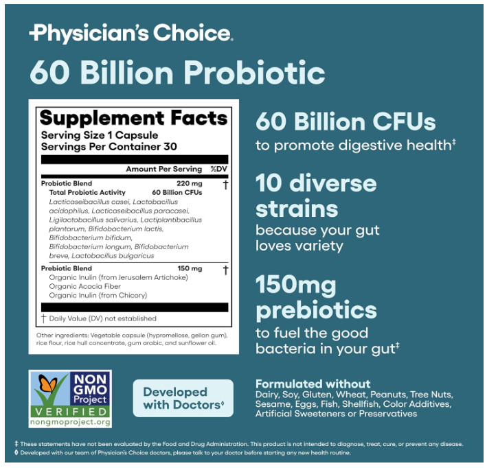 Physician’s CHOICE Probiotics 60 Billion CFU 30 Caps Digestive Gut Health