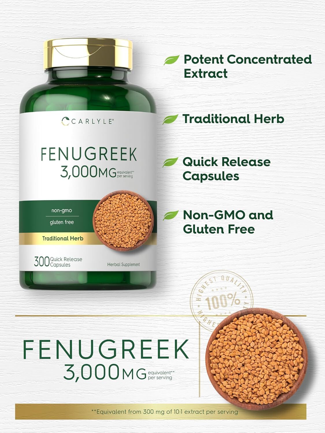 Fenugreek Capsules | 3000mg | 300 Count | Non-GMO, Gluten Free | by Carlyle