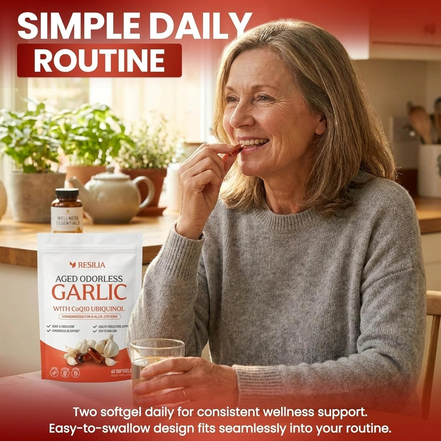 Resilia Garlic Extract 1200mg Softgels (60 Count) – Odorless Aged Garlic Extra..