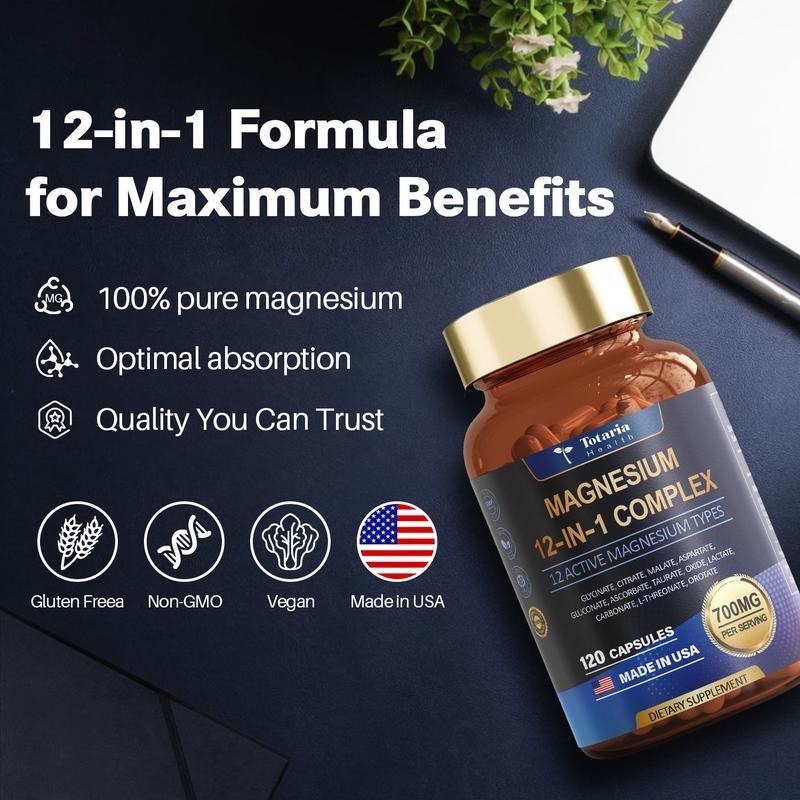 Totaria Health Magnesium 12-in-1 Complex – 700mg | 120 Capsules | Vegan, Non-GMO