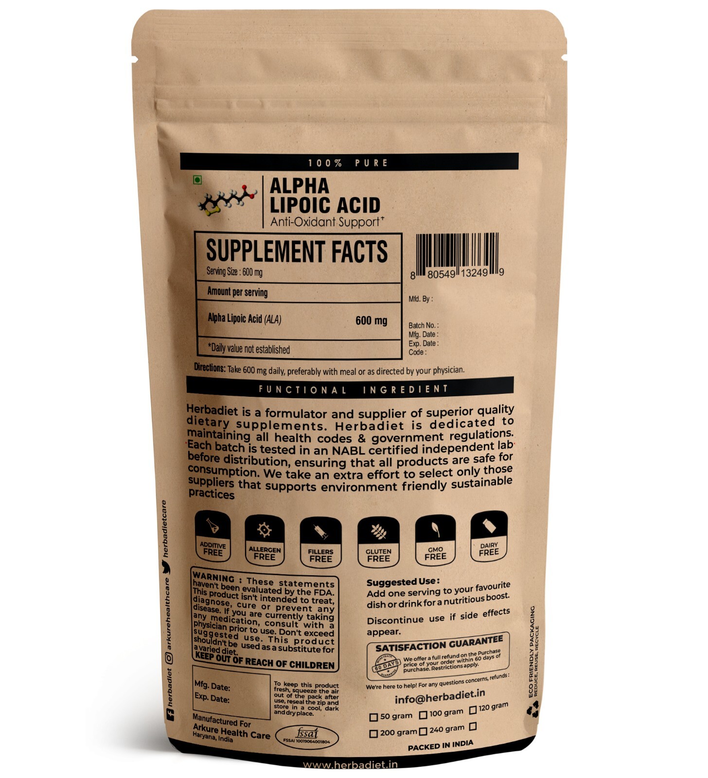Alpha Lipoic Acid (ALA) Powder 99% Purity – 600mg per Serving – Antioxidants