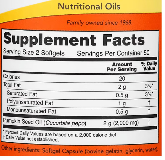 Pumpkin Seed Oil 1000mg Phytosterols 100gels Now Foods 2000mg per 2 Caps