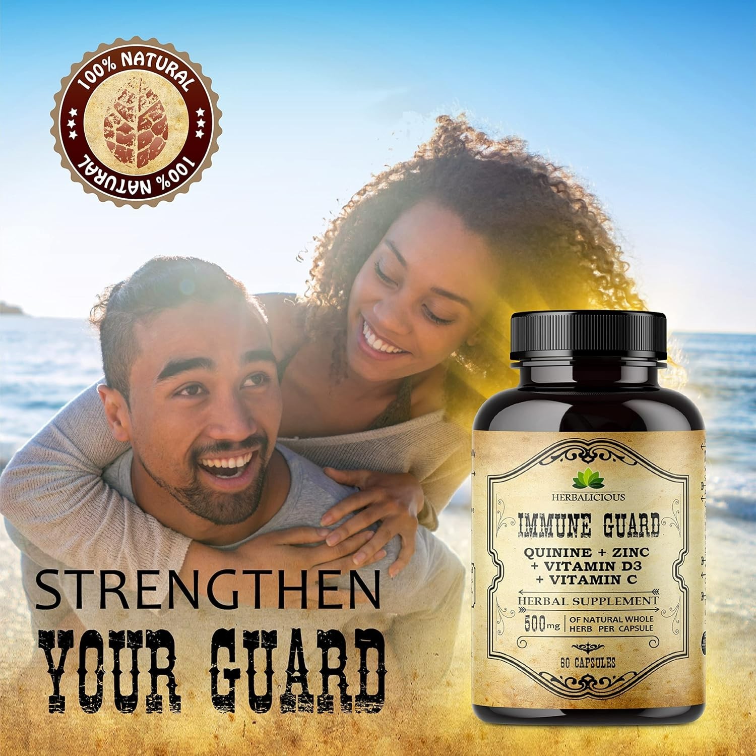 Quinine Immune Guard 500 mg con Vitamina C, D3 y Zinc, 60 Cápsulas