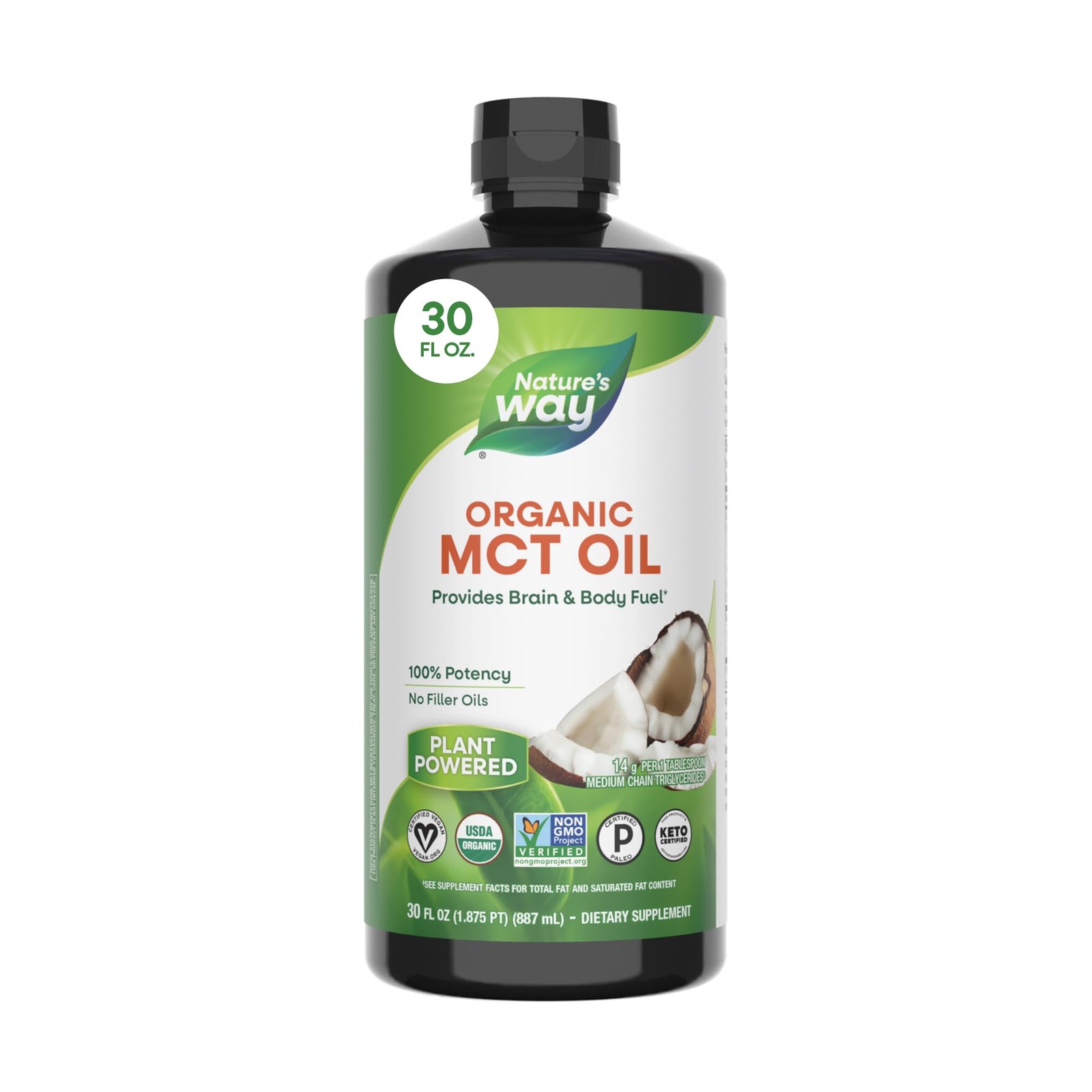 Nature’s Way Organic MCT Oil, Brain and Body 30 Fl Oz (Pack of 1), Clear