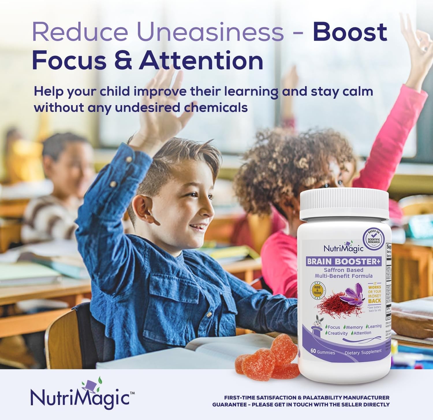 NutriMagic Kids Brain Booster Saffron Extract Gummies Focus Memory Multivitamin