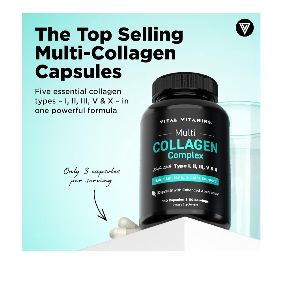 Vital Vitamins Multi Collagen Complex 150 Capsules Types I II III V X Supplement