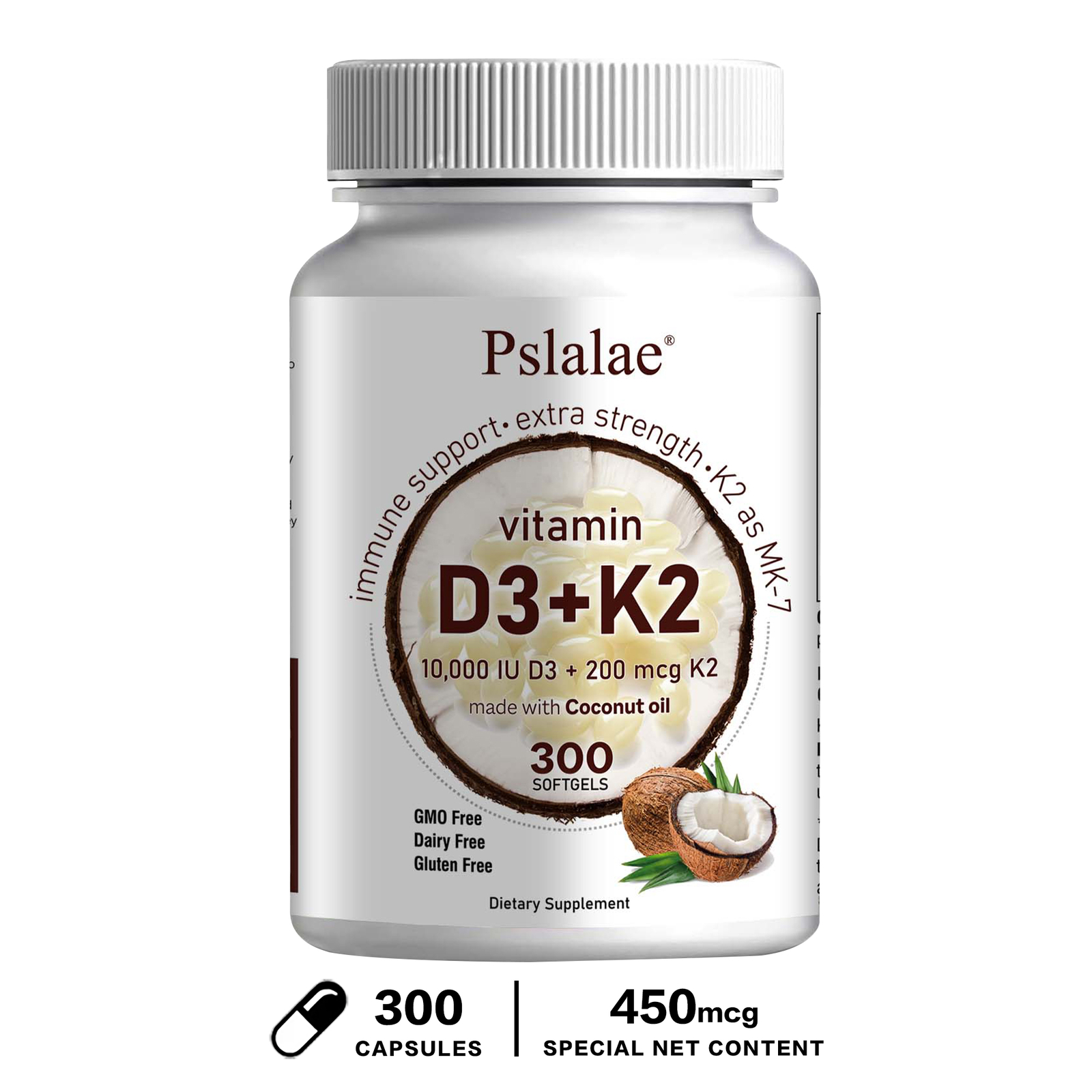 Vitamin D3+K2 MK7 10000 IU – Strong Bones, Immune Support – with Coconut Oil