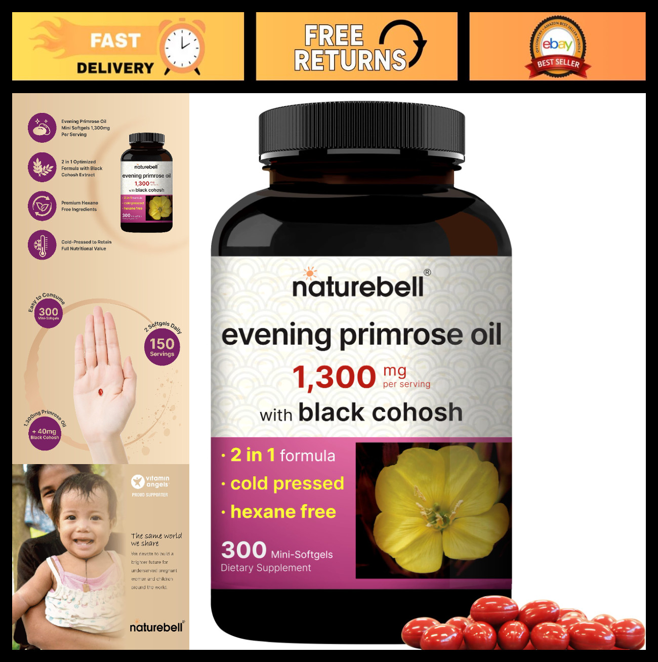 Evening Primrose Oil & Black Cohosh 1300mg, 300 Mini Softgels, Women’s Health, S