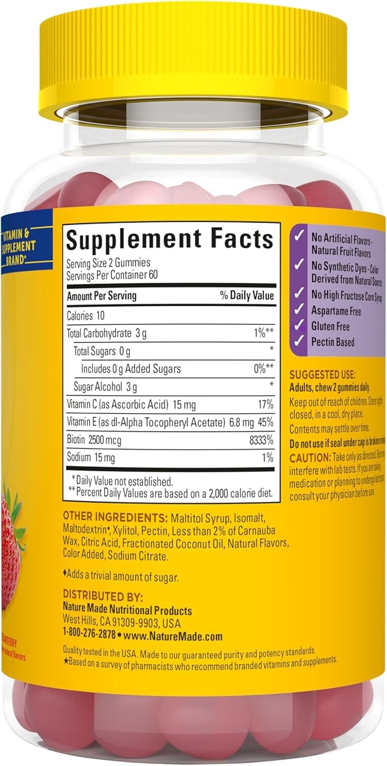 Delicious Strawberry Hair Skin Nails Gummies – 120 Sugar Free Biotin Supplements