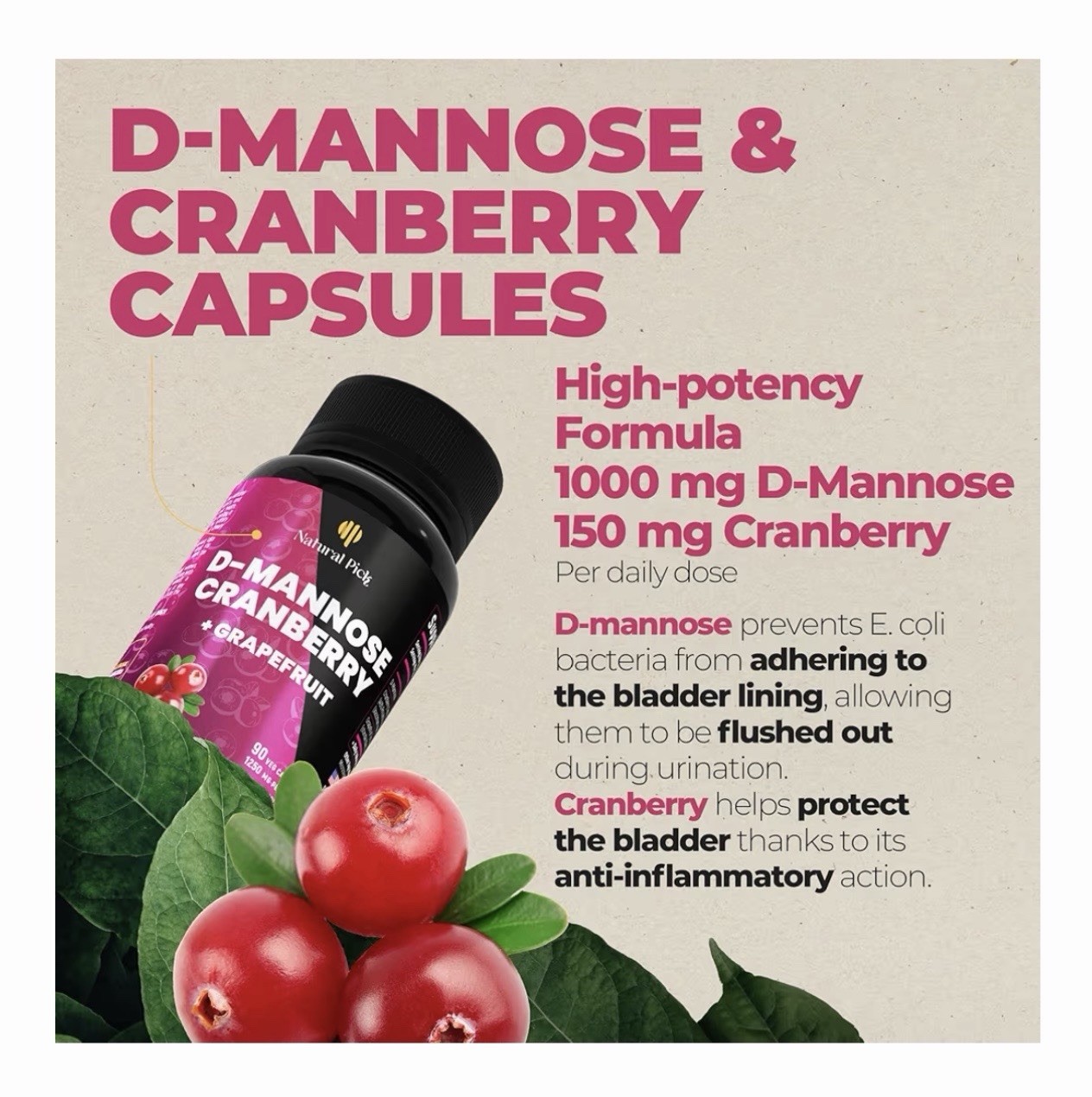 Natural Pick D mannose with Cranberry, 1250mg – Potent dmannose Pills