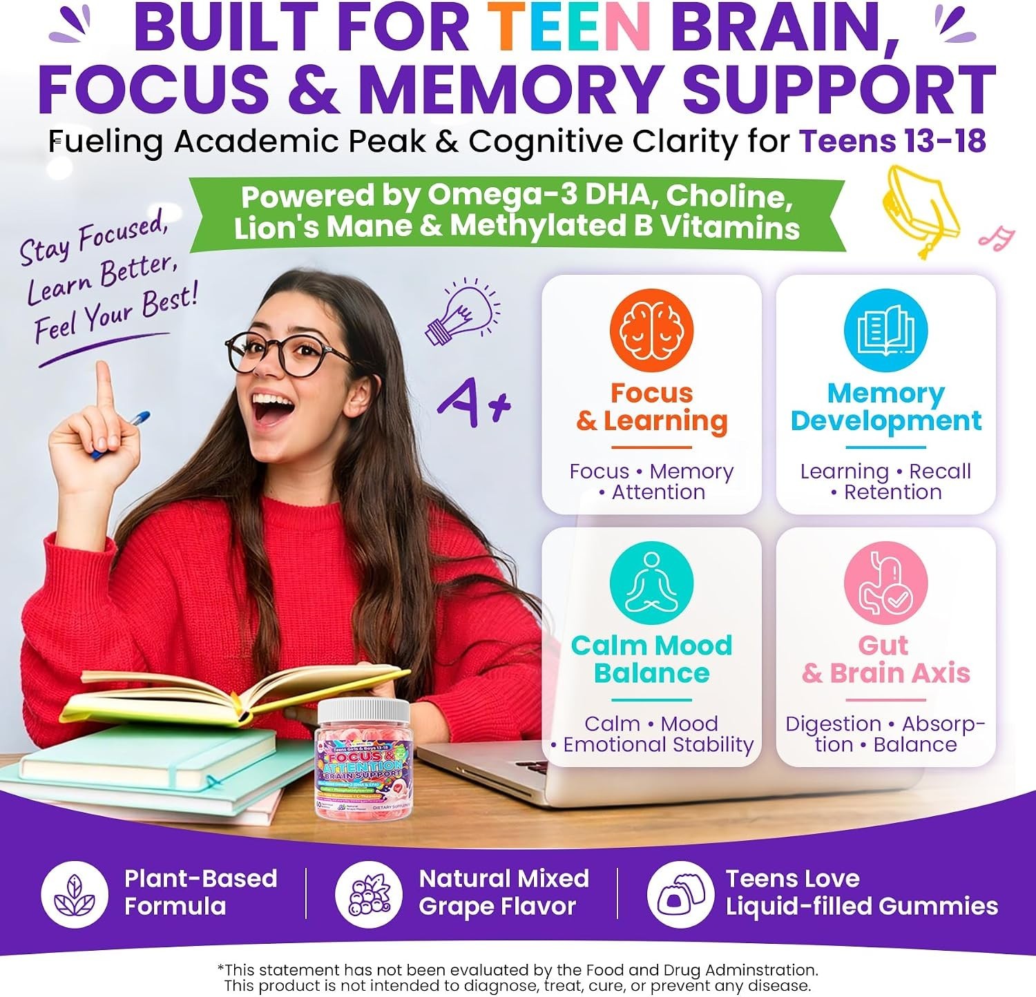 LILICARE Teen Brain Focus Gummies with Omega-3 DHA, Lion’s Mane Mushroom, PS