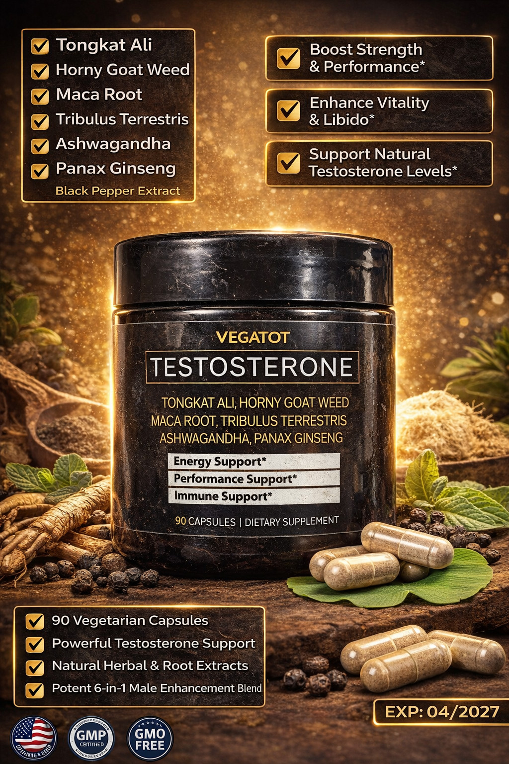 Vegatot Testrone Booster 90 Ct Energy & Vitality Blend Vegan Non-GMO