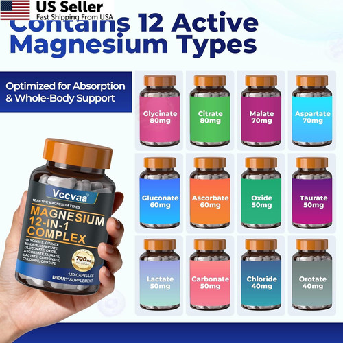 Magnesium Complex 700mg | 12-in-1 High Absorption Supplement | Glycinate,…