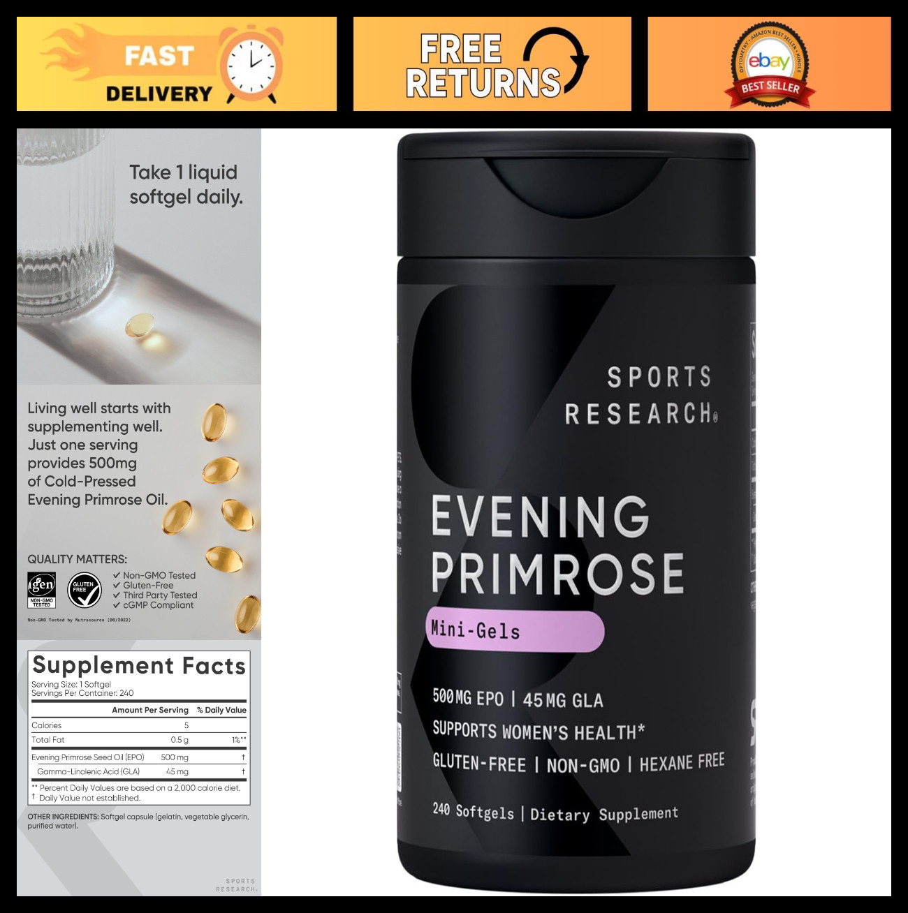 Evening Primrose Oil 500mg, 240 Mini-Softgels | EPO Supplement for Women’s Healt