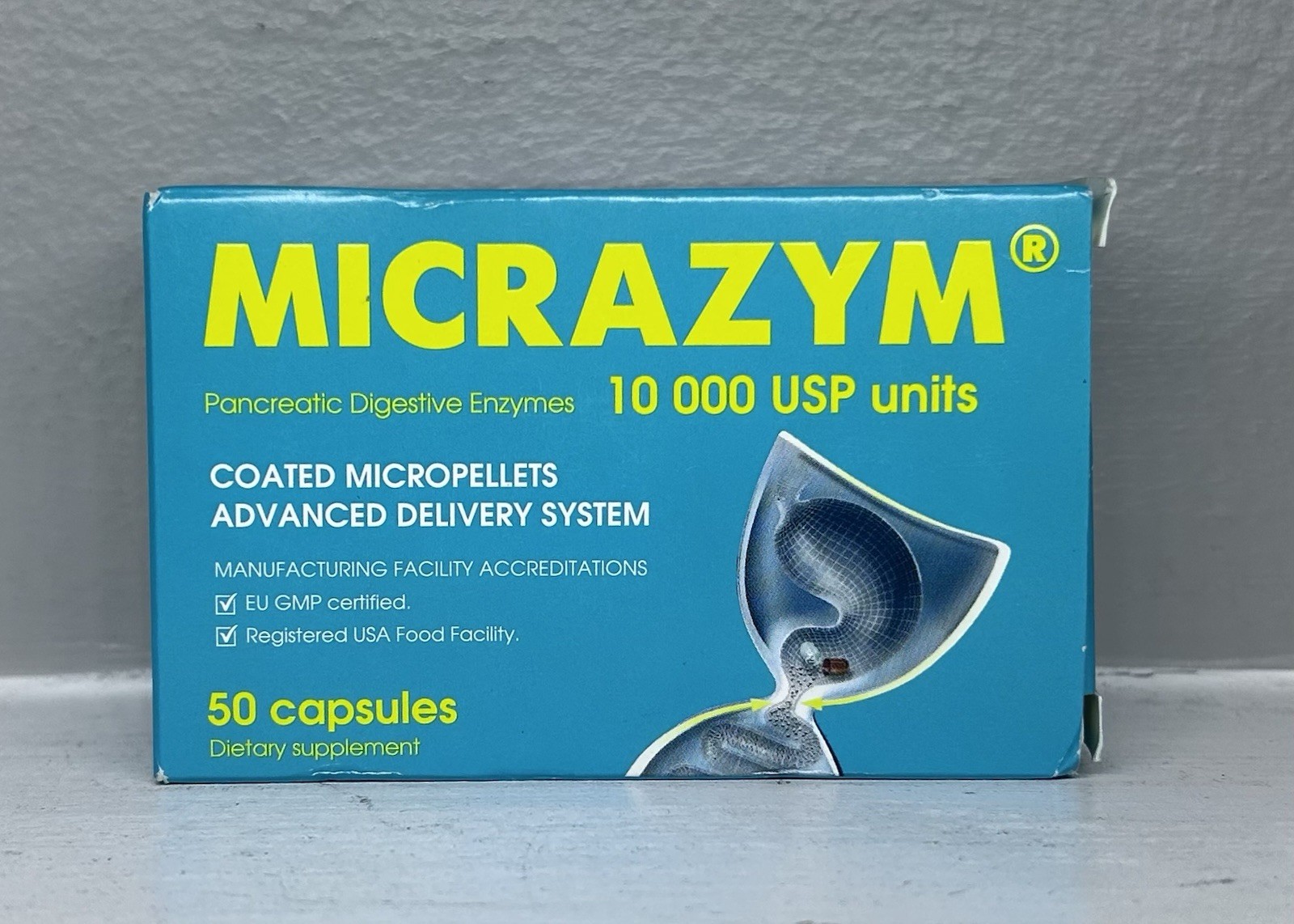 Micrazym Pancreatic Digestive Enzymes – 10,000 USP-50 Capsules- Exp 01/2028