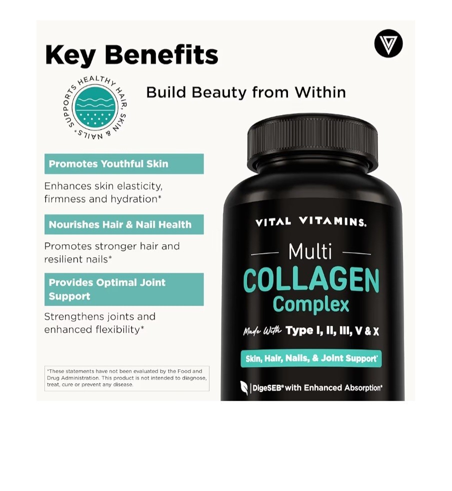 Vital Vitamins Multi Collagen Complex 150 Capsules Types I II III V X Supplement
